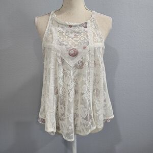 We The Free Sheer Floral Lace Blouse - Cream and Pink